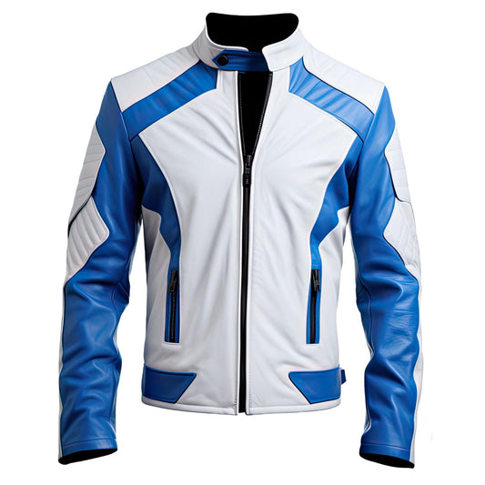 Sigma Provides Men’s Blue-White Sheepskin Jacket – Stand Collar Lightweight Zip-Up Motorcycle Biker Style