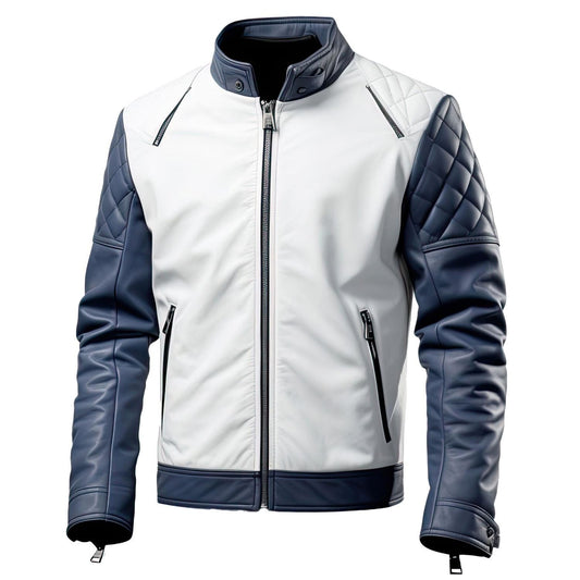 Sigma Provides Quilted Sheepskin Biker Jacket: Navy & Grey Leather, Slim Fit