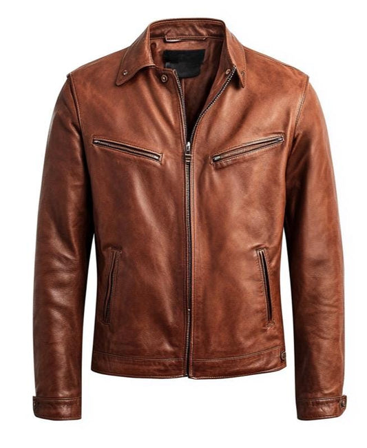 Sigma Provides Men’s Brown Leather Jacket – Classic Winter Motorcycle Vintage Racing Shirt Collar Style