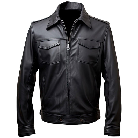 Sigma Provides Men’s Black Sheepskin Jacket – Shirt Collar Lightweight Motorcycle Trucker Style Outerwear