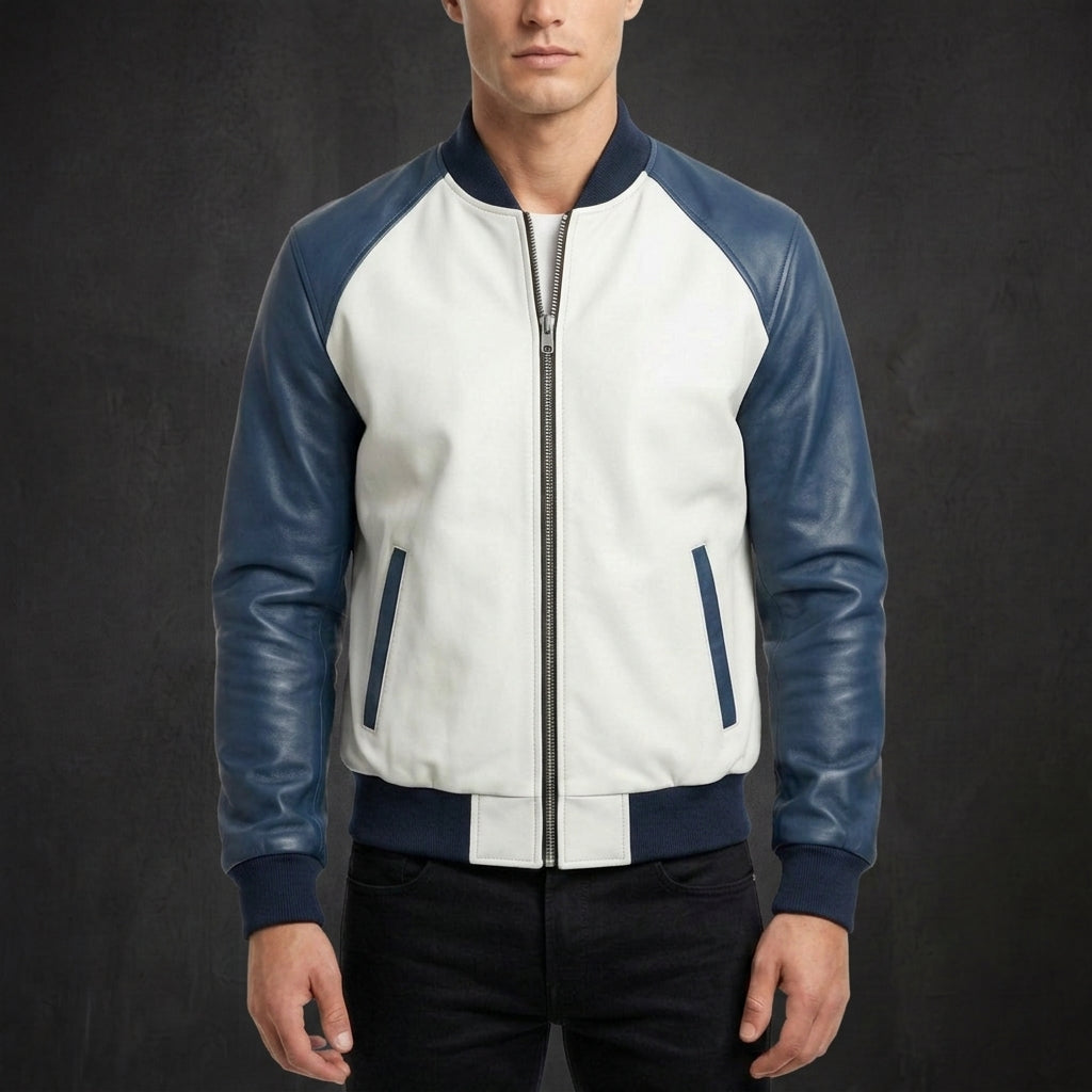 White Navy Zip Bomber Jacket