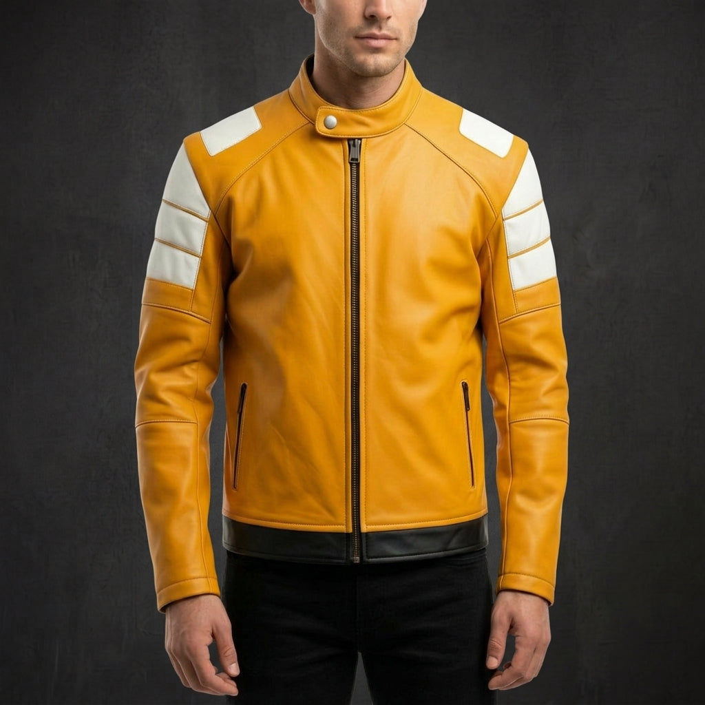 White Yellow Quilted Moto Jacket