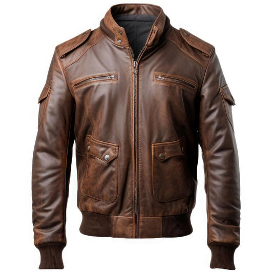 Sigma Provides Men’s Distressed Brown Sheepskin Jacket – Stand Collar Rib-Knit Flight Outerwear