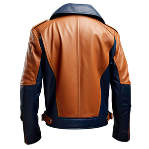Navy Brown Crossover Biker Jacket — back view