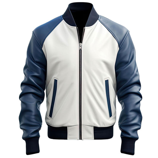Sigma Provides Men’s White Navy Sheepskin Bomber Jacket – Baseball Collar, Zip-Up Winter Style
