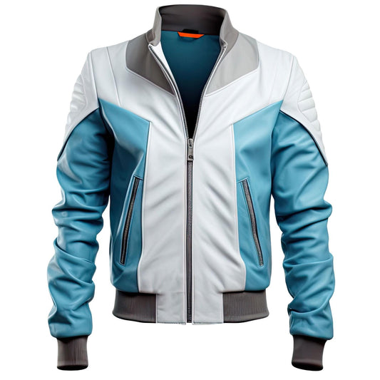Sigma Provides Men’s Sky-Blue White Sheepskin Aviator Jacket – Stand Collar, Rib Knit Motorcycle Style