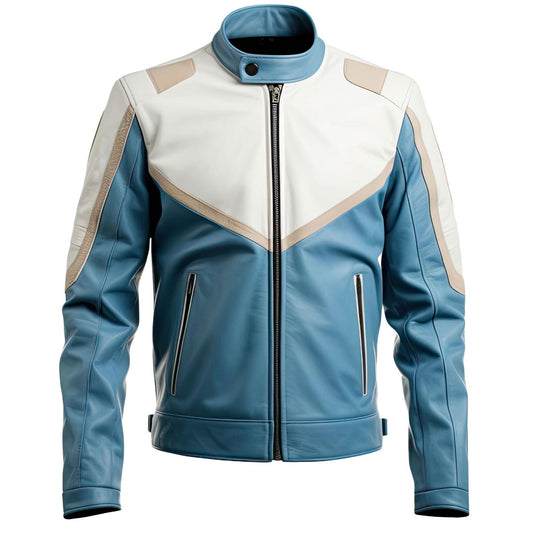 Sigma Provides Men's Two-Tone Sheepskin Racer Jacket – Dusky Blue & White Leather