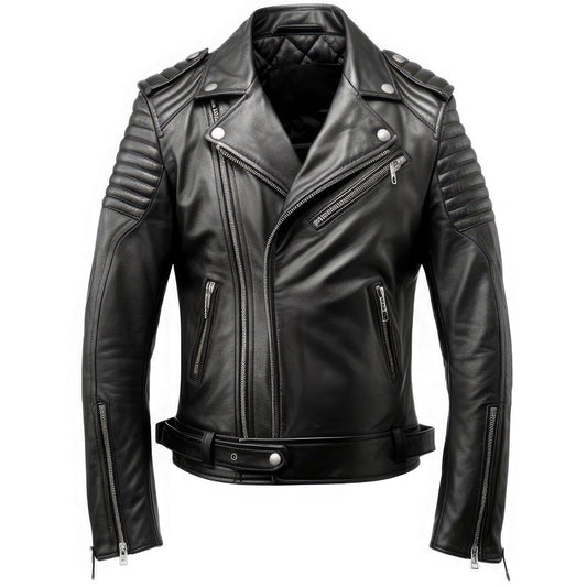 Sigma Provides Men’s Black Sheepskin Jacket – Notch Lapel Quilted Multi-Zip Biker Rider Style