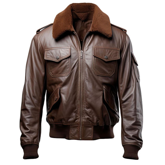 Sigma Provides Men’s Coffee Sheepskin Jacket – A2 Aviator Bomber Shirt Collar Rib Knit Style