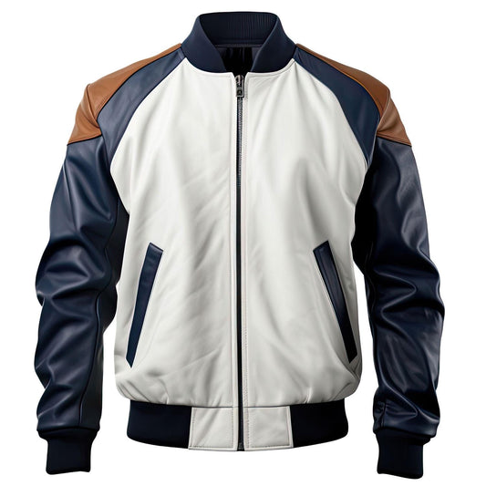 Sigma Provides Men’s White Navy Sheepskin Bomber Jacket – Baseball Collar, Sporty Rib Knit Style