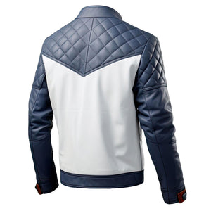 Navy Grey Quilted Biker Jacket — back view
