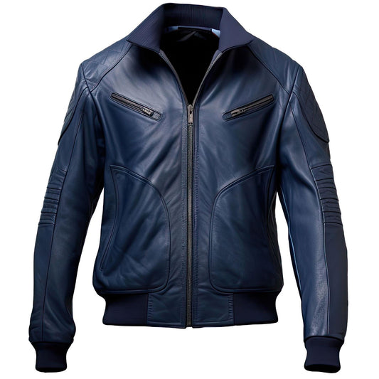 Sigma Provides Men’s Navy Blue Sheepskin Jacket – Shirt Collar Rib-Knit Aviator Bomber Outerwear