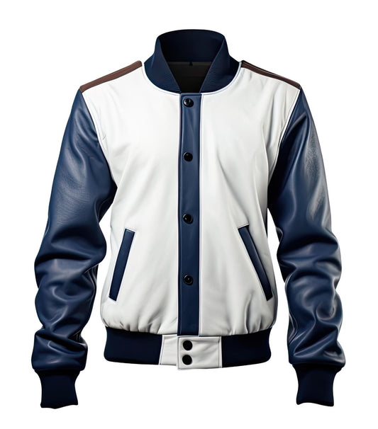 Sigma Provides Men’s White Blue Sheepskin Jacket – Baseball Collar, Slim-Fit Sporty Bomber Style