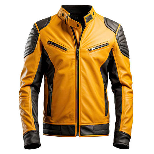 Sigma Provides Men’s Warm Grey-Mustard Sheepskin Jacket – Stand Collar Streetwear Moto Biker Style