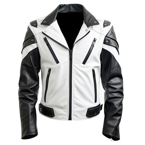 White Black Belted Biker Jacket