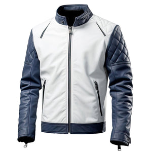 Navy Grey Quilted Biker Jacket — side view