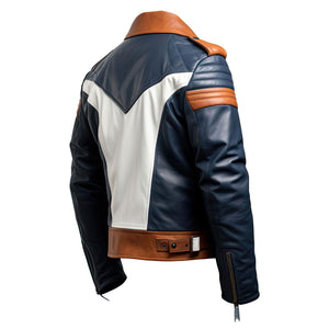 Navy Brown Quilted Moto Jacket — back view