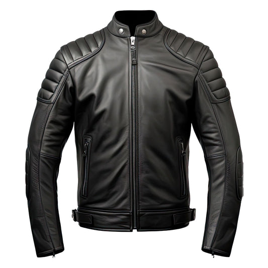 Sigma Provides Men’s Black Sheepskin Jacket – Quilted Stand Collar Zip-Up Sporty Moto Biker Style