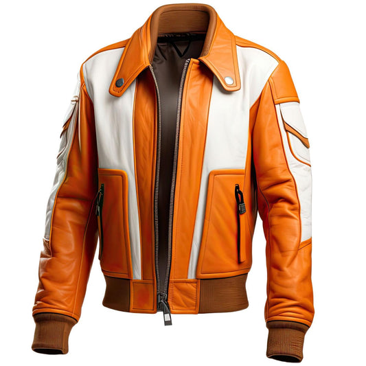 Sigma Provides Men’s Sheepskin Leather Aviator Jacket – Orange & White Pilot Bomber