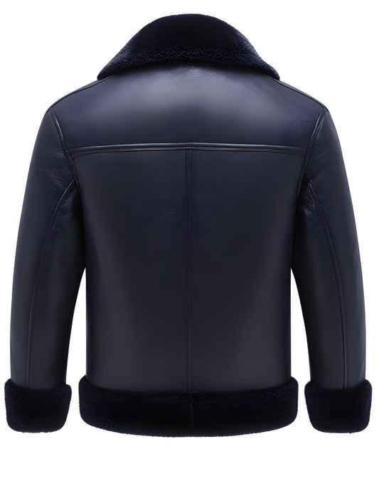 Men's Dark Blue Shearling Leather Jacket – Real Fur Collar Side Pockets By Sigma Leathers