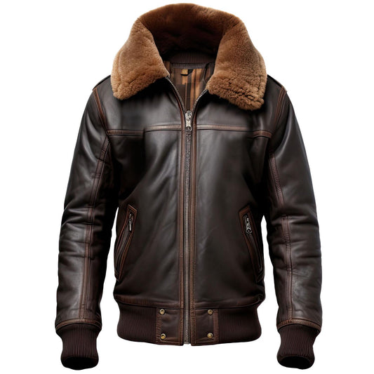 Sigma Provides Men’s Dark Brown Sheepskin Jacket – B3 Fur Collar Rib-Knit Flight Bomber Style