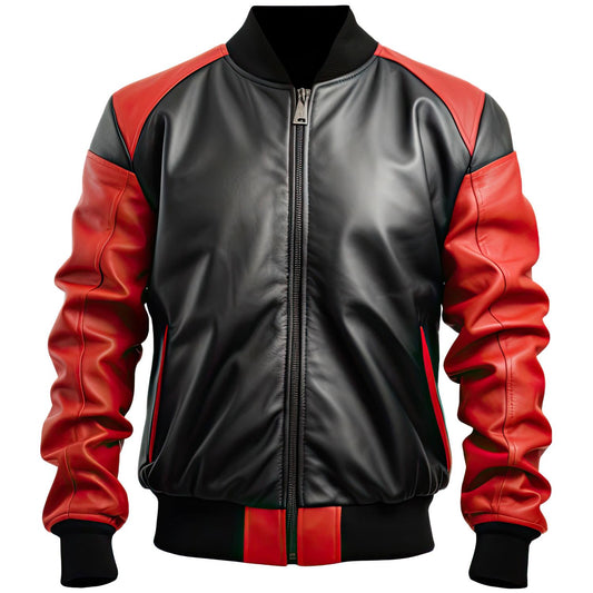 Sigma Provides Men’s Red-Black Sheepskin Jacket – Sleek Baseball Collar Lightweight Baggy Bomber Style