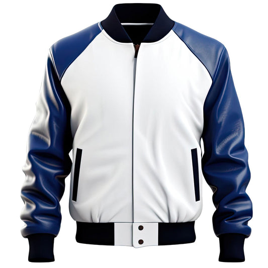 Sigma Provides Men’s White Blue Sheepskin Bomber Jacket – Baseball Collar, Sleek Winter Casual Style
