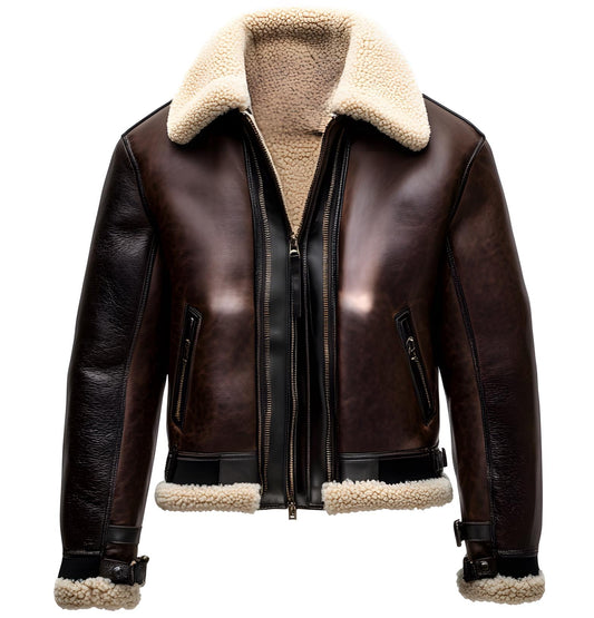 Men's Brown Shearling Leather Bomber Jacket – Classic Aviator Real Fur Style By Sigma Leathers