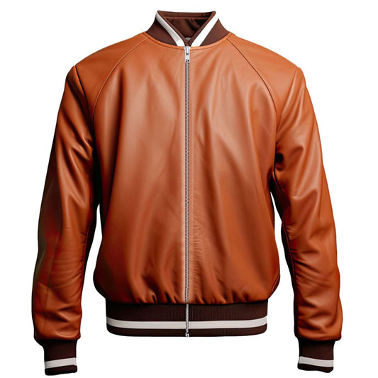 Sigma Provides Men’s Brown Sheepskin Jacket – Baseball Collar, Rib-Knit Lightweight Winter Varsity Style