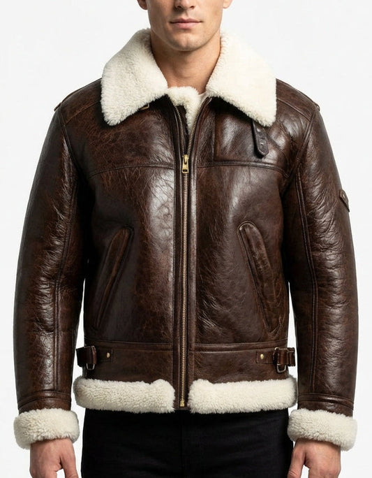 Men's Brown Shearling Aviator Leather Jacket – Real Fur Collar & Pockets By Sigma Leathers