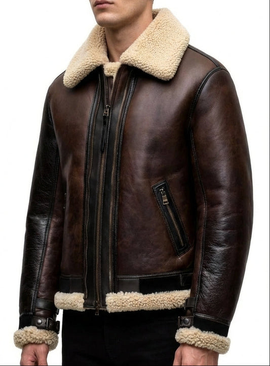 Men's Brown Shearling Leather Bomber Jacket – Classic Aviator Real Fur Style By Sigma Leathers