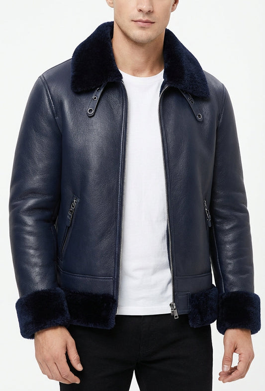 Men's Dark Blue Shearling Leather Jacket – Real Fur Collar Side Pockets By Sigma Leathers
