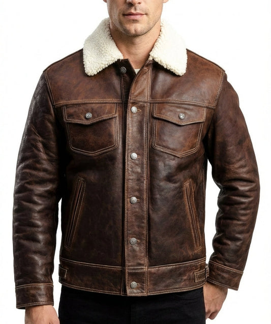 Men's Distressed Brown Leather Jacket – Real Fur Sherpa Collar Button Style By Sigma Leathers
