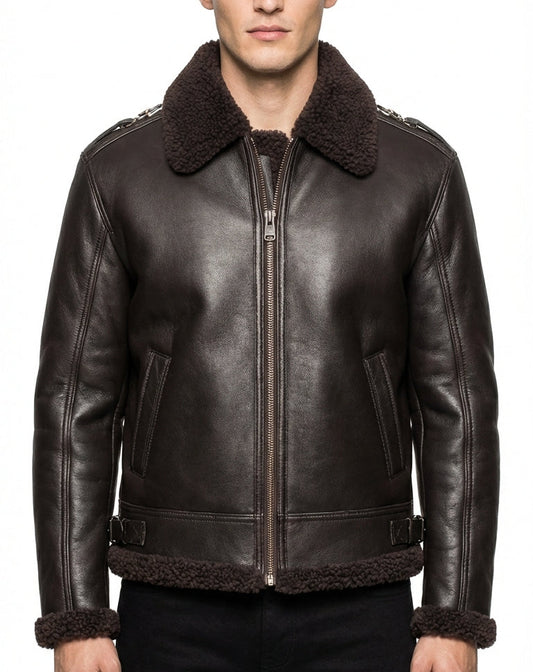 Men's Genuine Fur Aviator Jacket – Real Leather Dark Brown Winterwear by Sigma Leathers