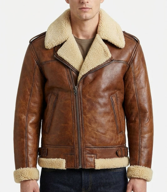 Men's Genuine Fur Shearling Jacket – Real Leather Brown Winterwear Street Style by Sigma Leathers