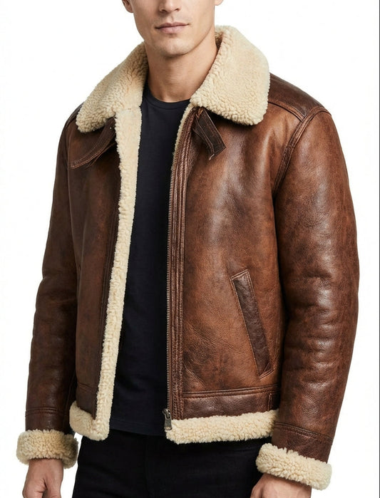 Men's Genuine Fur Shearling Jacket – Real Leather Brown Winterwear Street Style by Sigma Leathers