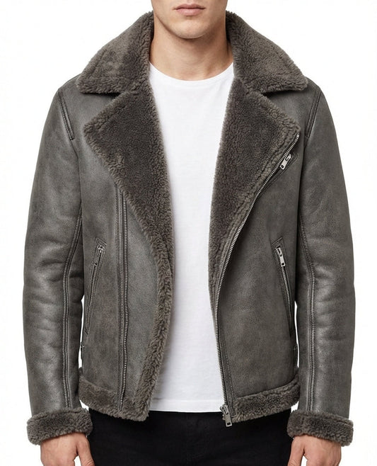 Men's Genuine Fur Shearling Jacket – Real Leather Gray Winterwear Street Style by Sigma Leathers