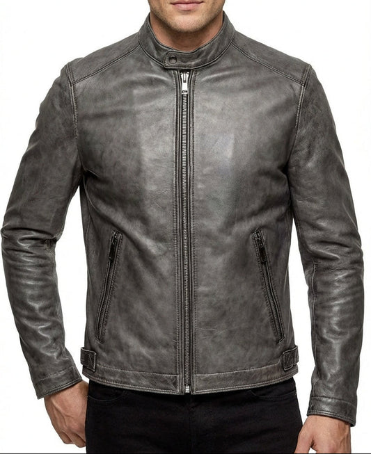 Men’s Genuine Leather Moto Jacket – Ash Grey Zip-Up Outerwear