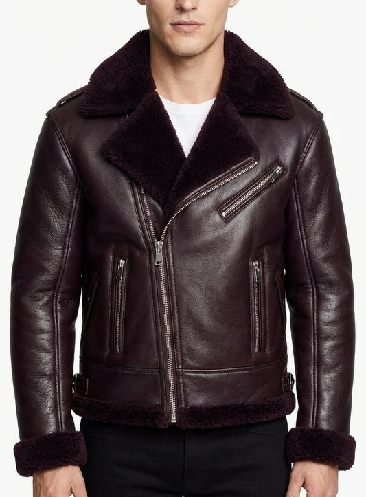 Men's Maroon Shearling Leather Jacket – Real Fur Lining Zippered Pockets By Sigma Leathers