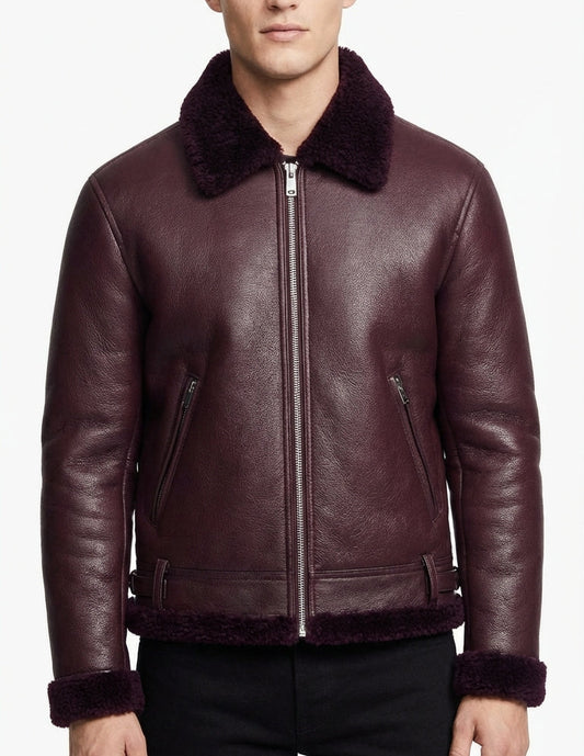Men's Maroon Shearling Leather Jacket – Real Fur Zippered Pockets Superior Source By Sigma Leathers