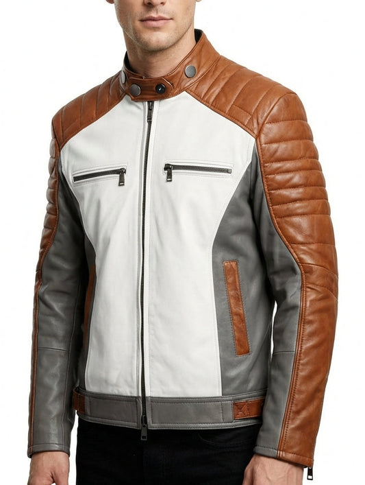 Sigma Offers Men’s Charcoal Grey Sheepskin Quilted Café Racer Leather Jacket