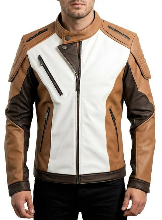 Sigma Presents Men’s Distressed Brown Sheepskin Stand Collar Moto Biker Jacket