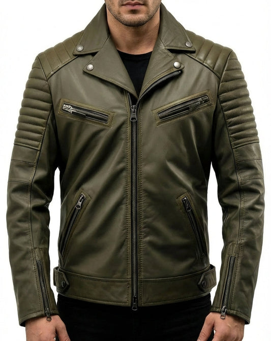 Sigma Provides Men’s Army-Green Black Sheepskin Jacket – Quilted Lapel Collar Lightweight Scooter Biker Style
