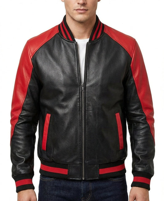 Sigma Provides Men’s Black-Red Sheepskin Jacket – Baseball Collar Scooter Varsity Bomber Zip-Up Style