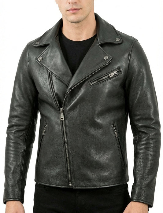 Sigma Provides Men’s Black Cowhide Jacket – Brando Style Double Collar Biker Motorcycle Rider Fit