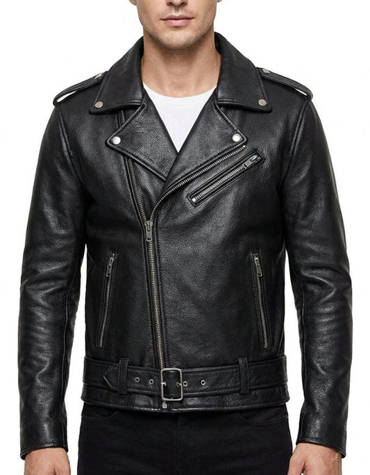 Sigma Provides Men’s Black Cowhide Jacket – Lapel Collar, Brando Biker Retro Slim Fit Style