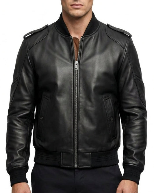 Sigma Provides Men’s Black Sheepskin Jacket – Baseball Collar Rib-Knit Scooter Bomber Lightweight Casual Style