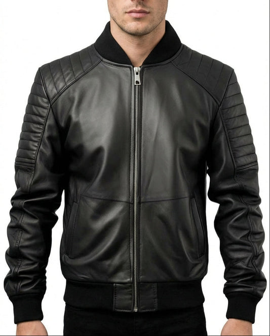 Sigma Provides Men’s Black Sheepskin Jacket – Baseball Collar, Quilted Rib-Knit Bomber Style