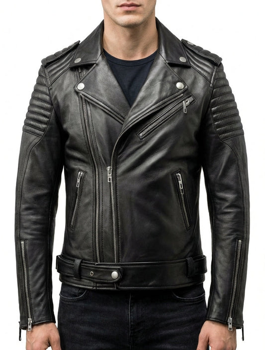 Sigma Provides Men’s Black Sheepskin Jacket – Notch Lapel Quilted Multi-Zip Biker Rider Style