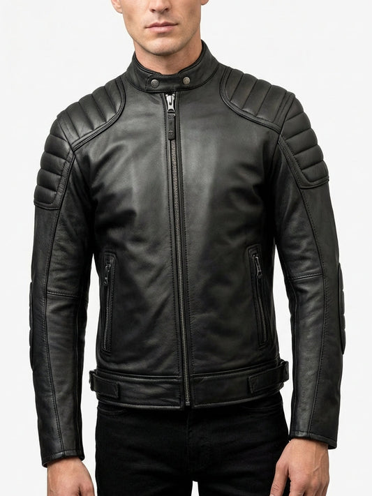 Sigma Provides Men’s Black Sheepskin Jacket – Quilted Stand Collar Zip-Up Sporty Moto Biker Style